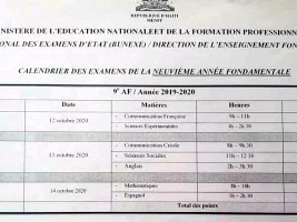 Haïti - FLASH : Calendrier des examens de la 9ème A.F. et nombre de points par épreuve